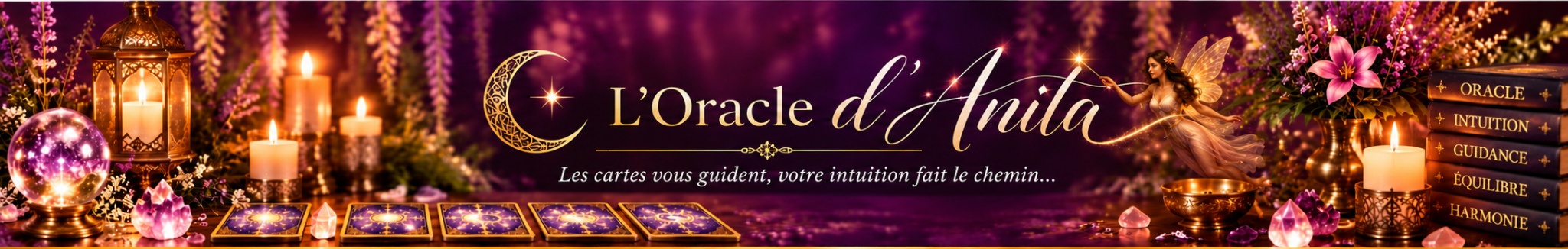 L’Oracle d’Anita — bandeau mystique avec fée, lune et cartes de tarot